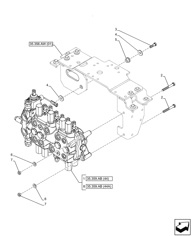 Схема запчастей Case 580N EP - (35.359.AB[05]) - BACKHOE CONTROL VALVE, 7-SPOOL, MOUNTING PARTS, STANDARD DIPPER, W/ TWO LEVER CONTROLS (35) - HYDRAULIC SYSTEMS