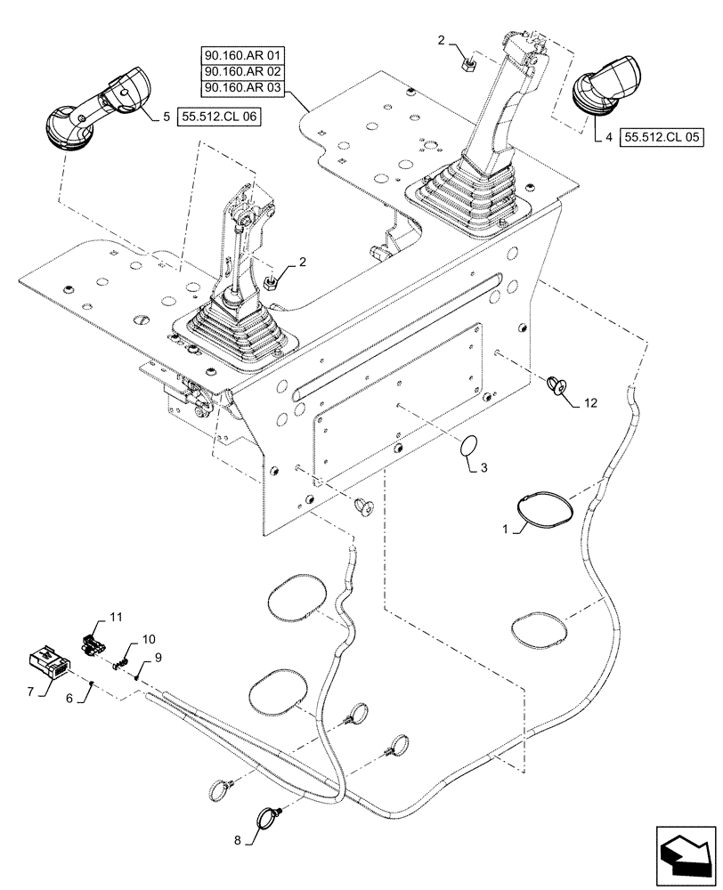 Схема запчастей Case SR240 - (55.512.CL[04]) - LEVEL 100 HANDLE GRIPS, 1-SPEED MECHANICAL CONTROLS (55) - ELECTRICAL SYSTEMS