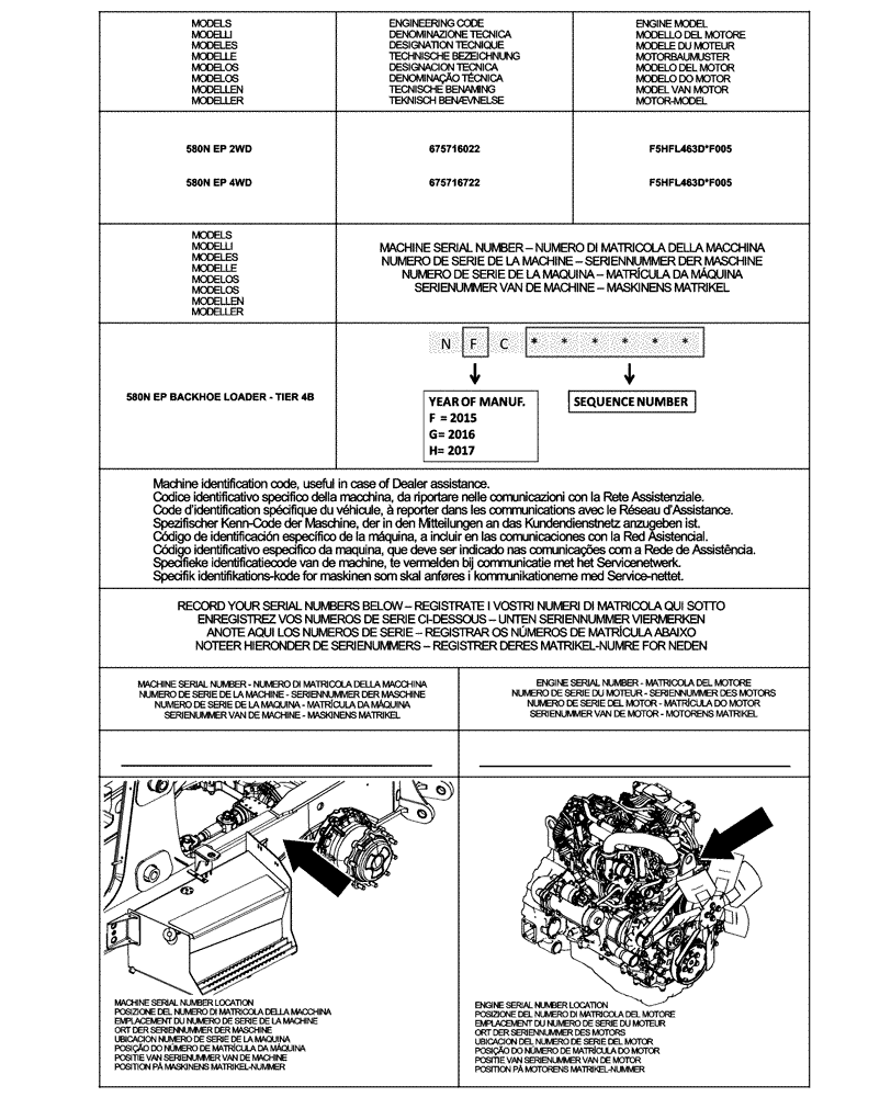 Схема запчастей Case 580N EP - (00.100.01) - IDENTIFICATION PLATES AND VERSION LIST (00) - GENERAL & PICTORIAL INDEX