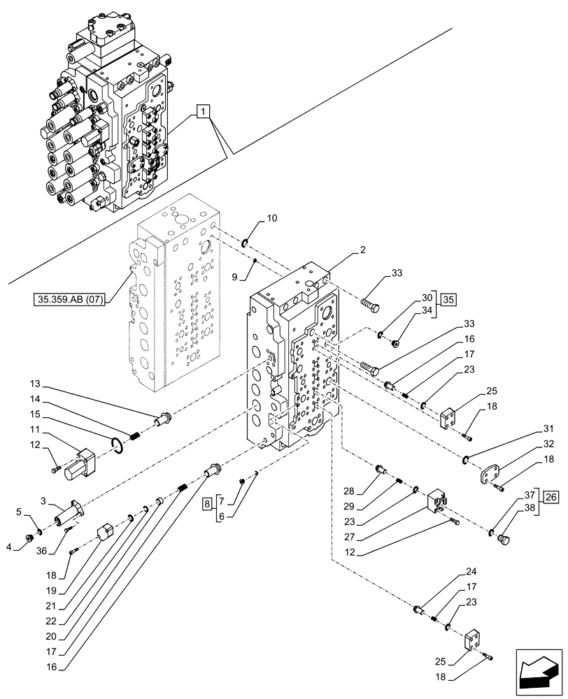 Схема запчастей Case CX250D LC - (35.359.AB[06]) - VAR - 461863 - CONTROL VALVE, CLAMSHELL BUCKET, ROTATION, W/ ELECTRICAL PROPORTIONAL CONTROL, COMPONENTS (35) - HYDRAULIC SYSTEMS