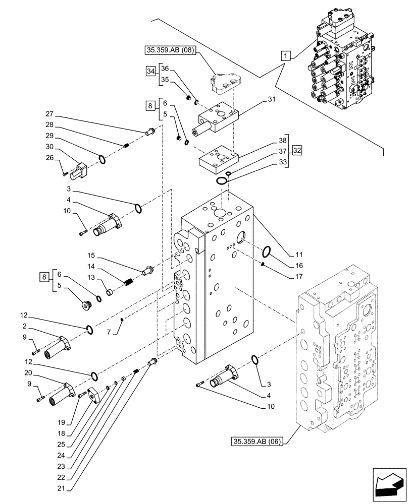 Схема запчастей Case CX250D LC LR - (35.359.AB[07]) - VAR - 461863 - CONTROL VALVE, CLAMSHELL BUCKET, ROTATION, W/ ELECTRICAL PROPORTIONAL CONTROL, COMPONENTS (35) - HYDRAULIC SYSTEMS