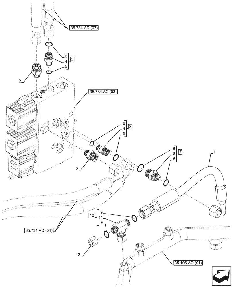 Схема запчастей Case 580SN WT - (35.734.AD[08]) - QUICK COUPLER, VALVE, HYDRAULIC LINE (35) - HYDRAULIC SYSTEMS