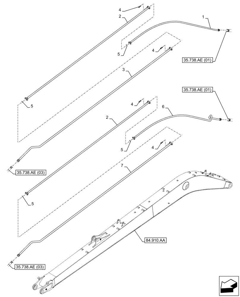 Схема запчастей Case CX250D LC LR - (35.738.AE[02]) - VAR - 481238 - BUCKET CYLINDER, LINES (ARM L=8M) (35) - HYDRAULIC SYSTEMS