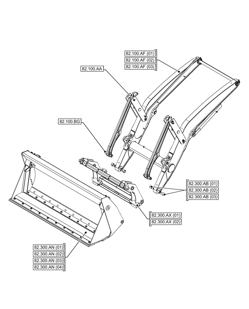 Схема запчастей Case 580N EP - (82.000.00) - SECTION INDEX - FRONT LOADER AND BUCKET (82) - FRONT LOADER & BUCKET