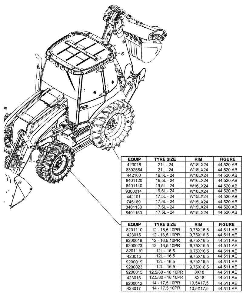 Схема запчастей Case 580N EP - (44.000.00[01]) - SECTION INDEX - WHEELS 4WD (44) - WHEELS