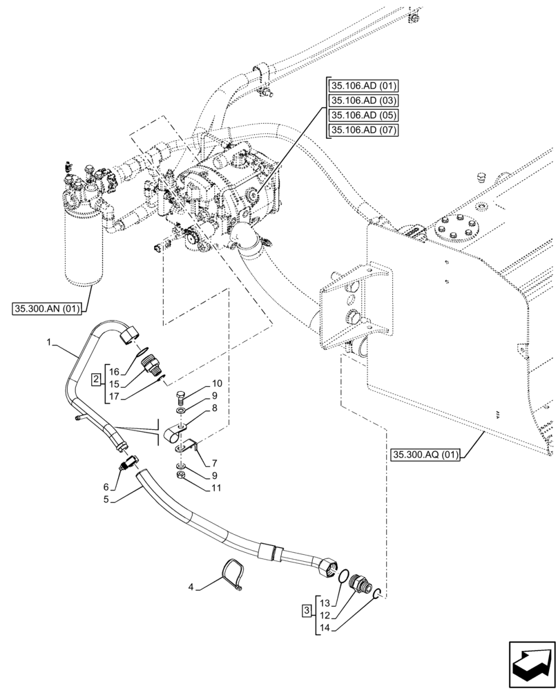 Схема запчастей Case 580SN WT - (35.106.AS[02]) - VAR - 423080 - HYDRAULIC SYSTEM, DRAIN LINE, MECHANICAL (35) - HYDRAULIC SYSTEMS
