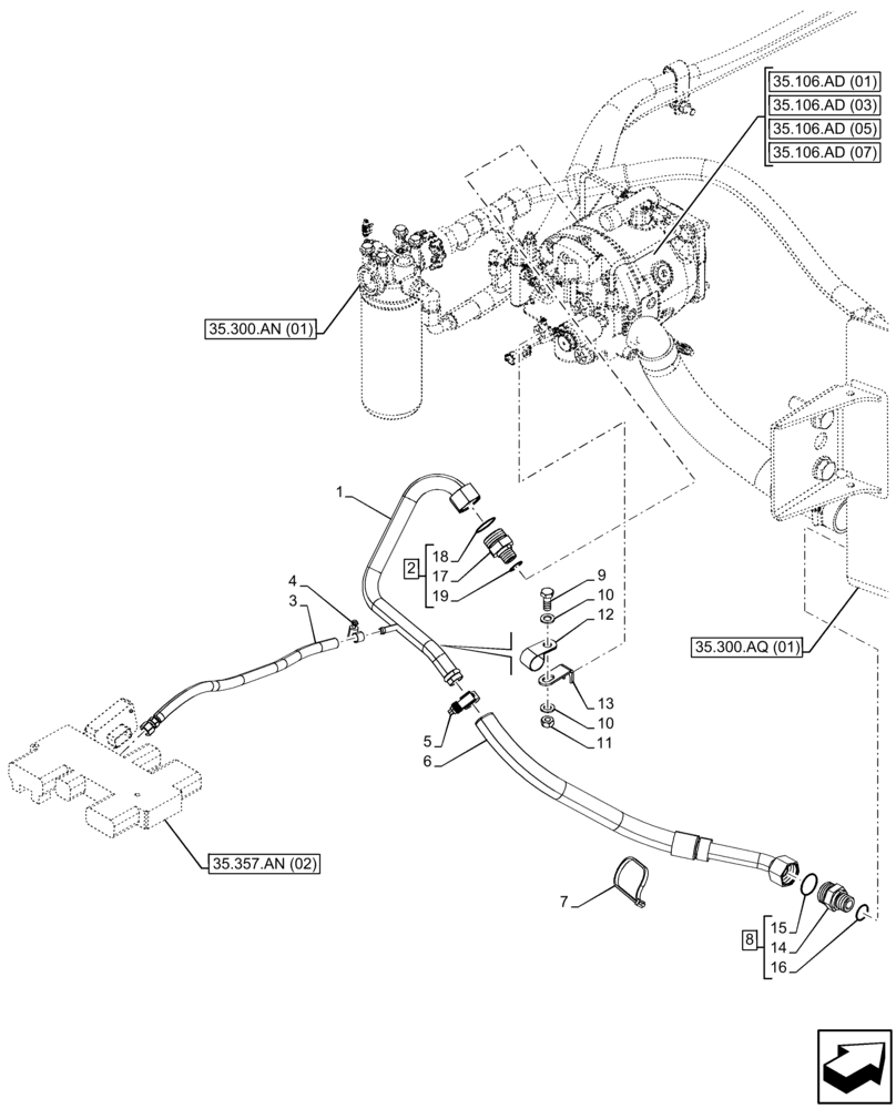 Схема запчастей Case 580SN WT - (35.106.AS[01]) - HYDRAULIC SYSTEM, DRAIN LINE, PILOT CONTROLS (35) - HYDRAULIC SYSTEMS
