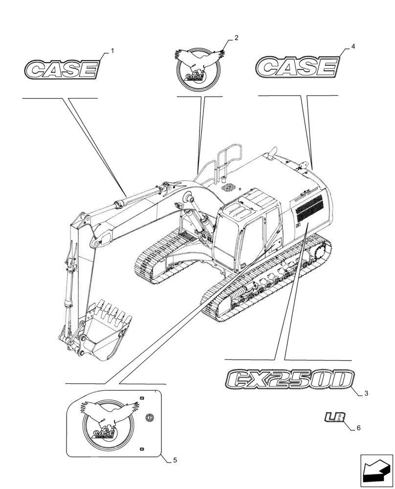 Схема запчастей Case CX250D LC LR - (90.108.AB[01]) - MODEL IDENTIFICATION DECAL (90) - PLATFORM, CAB, BODYWORK AND DECALS