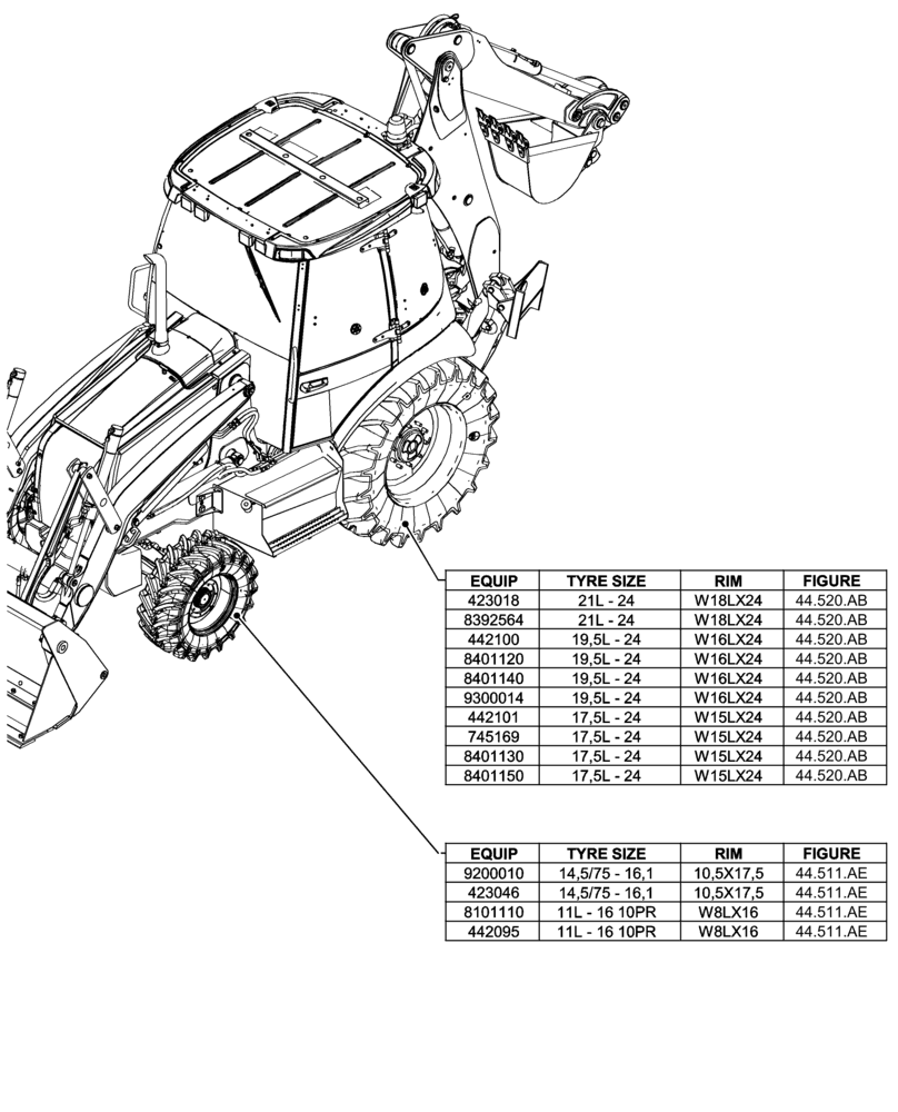 Схема запчастей Case 580N EP - (44.000.00[02]) - SECTION INDEX - WHEELS 2WD (44) - WHEELS