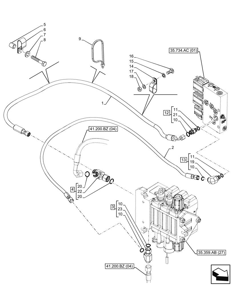 Схема запчастей Case 580SN - (35.525.AD[04]) - QUICK COUPLER, PILOT CONTROLS, LINES (35) - HYDRAULIC SYSTEMS