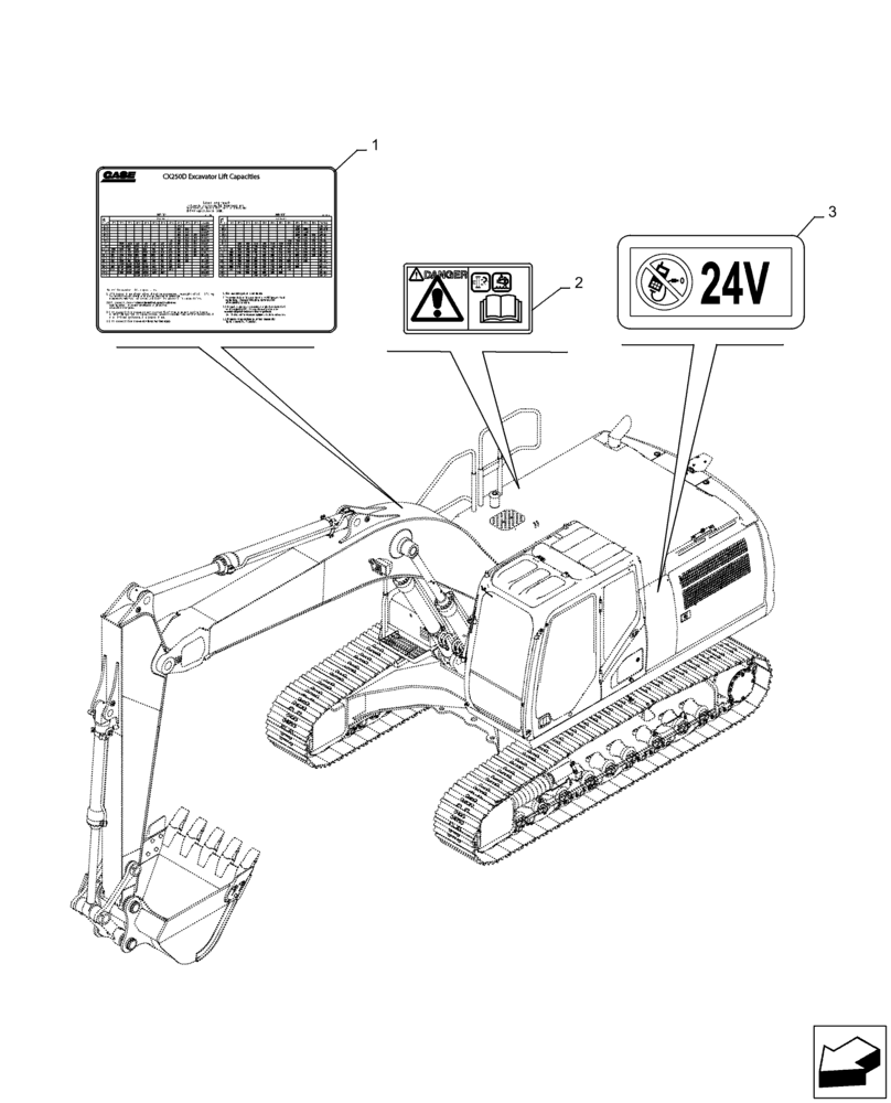 Схема запчастей Case CX250D LC LR - (90.108.AC[03]) - WARNING, DECALS (90) - PLATFORM, CAB, BODYWORK AND DECALS