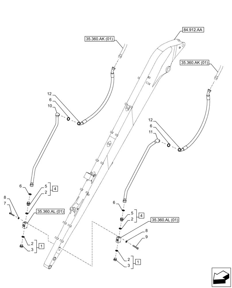 Схема запчастей Case CX250D LC LR - (35.360.AK[02]) - VAR - 461872 - ARM, LINE, HAMMER, SHEARS, AUXILIARY CIRCUIT, W/ ELECTRICAL PROPORTIONAL CONTROL (35) - HYDRAULIC SYSTEMS