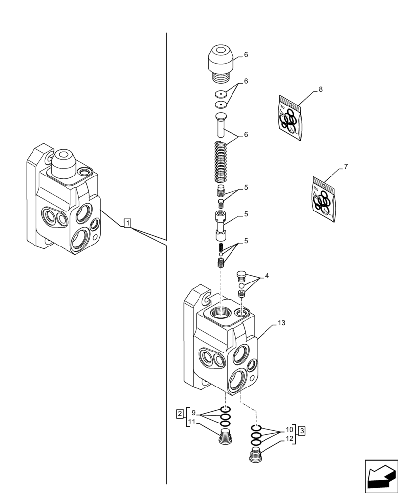 Схема запчастей Case 580SN - (35.359.AB[34]) - VAR - 747864 - LOADER, CONTROL VALVE, PILOT CONTROLS, 3-SPOOL, INLET SECTION (35) - HYDRAULIC SYSTEMS