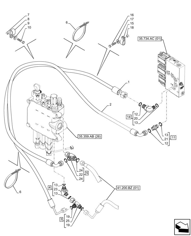 Схема запчастей Case 580SN - (35.525.AD[03]) - QUICK COUPLER, MECHANICAL CONTROL, LINES (35) - HYDRAULIC SYSTEMS