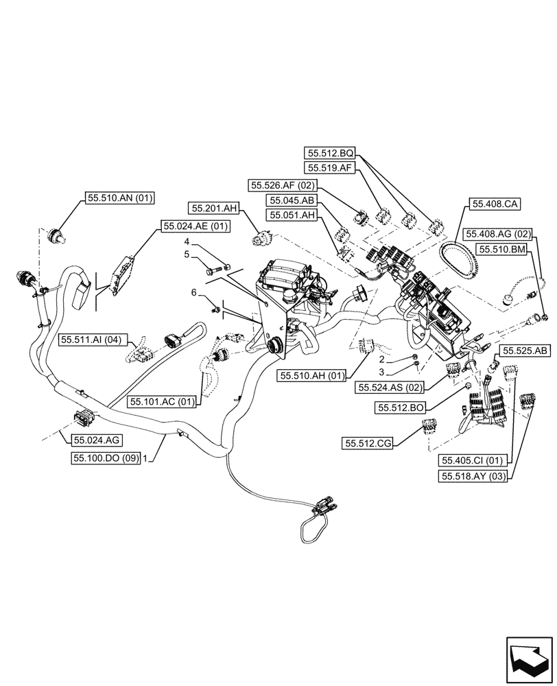 Схема запчастей Case 580SN - (55.510.AG[04]) - VAR - 423060, 423061, 423062 - SEMI-POWERSHIFT, POWERSHIFT TRANSMISSION, RIGHT SIDE HARNESS (55) - ELECTRICAL SYSTEMS