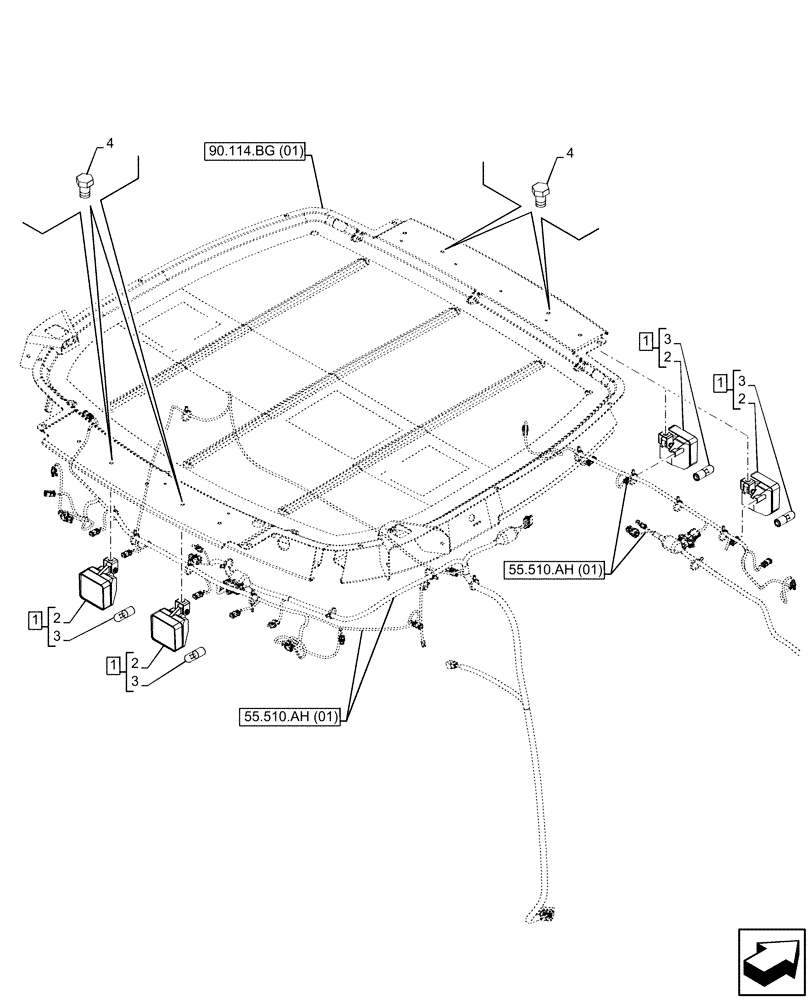 Схема запчастей Case 580N EP - (55.404.BS[04]) - VAR - 745159, 423000, 442082, 442085 - CANOPY, WORK LIGHT (55) - ELECTRICAL SYSTEMS