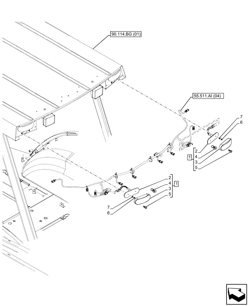 Схема запчастей Case 580N EP - (55.404.BM[01]) - VAR - 442082, 423000 - CANOPY, REAR, WORK LIGHT (55) - ELECTRICAL SYSTEMS