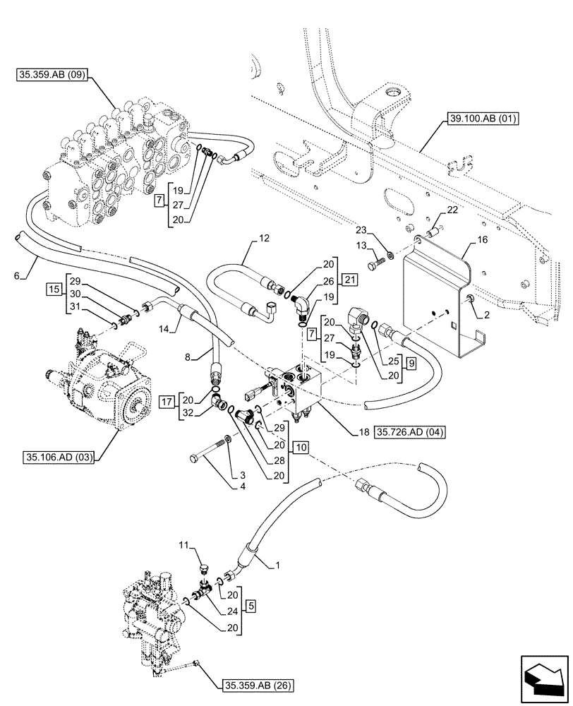 Схема запчастей Case 580SN - (35.726.AD[03]) - HYDRAULIC LIFT, PILOT CONTROLS, SOLENOID VALVE, LINES (35) - HYDRAULIC SYSTEMS