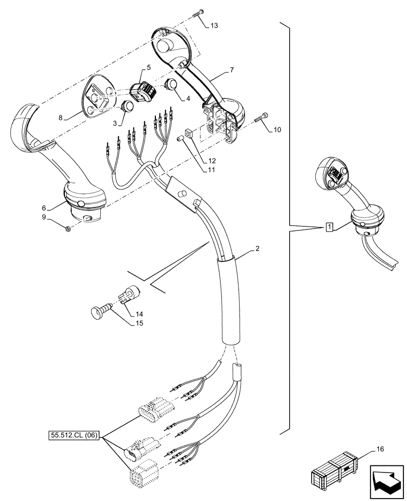 Схема запчастей Case 580N EP - (55.512.CL[07]) - 3-SPOOL, MECHANICAL, LOADER, JOYSTICK, COMPONENTS (55) - ELECTRICAL SYSTEMS