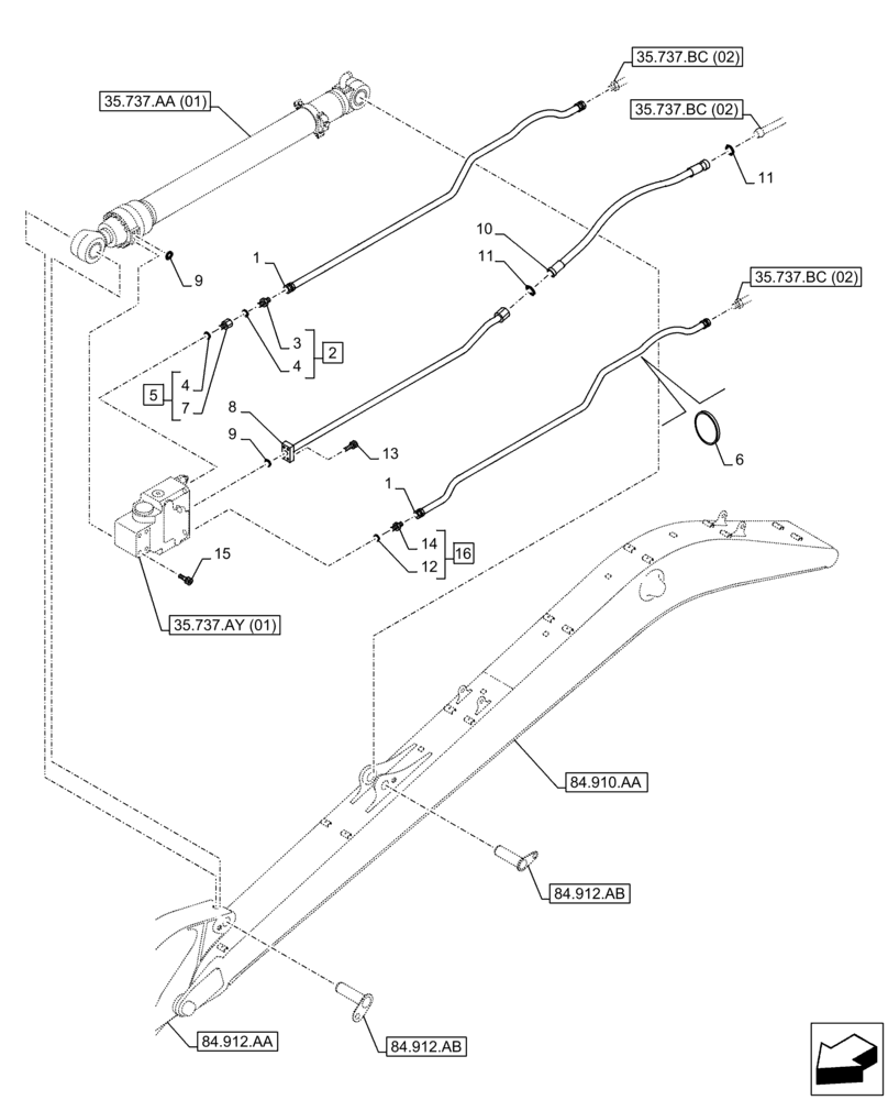 Схема запчастей Case CX250D LC LR - (35.737.BC[03]) - VAR - 481064 - ARM, CYLINDER, SAFETY VALVE, LINES (35) - HYDRAULIC SYSTEMS