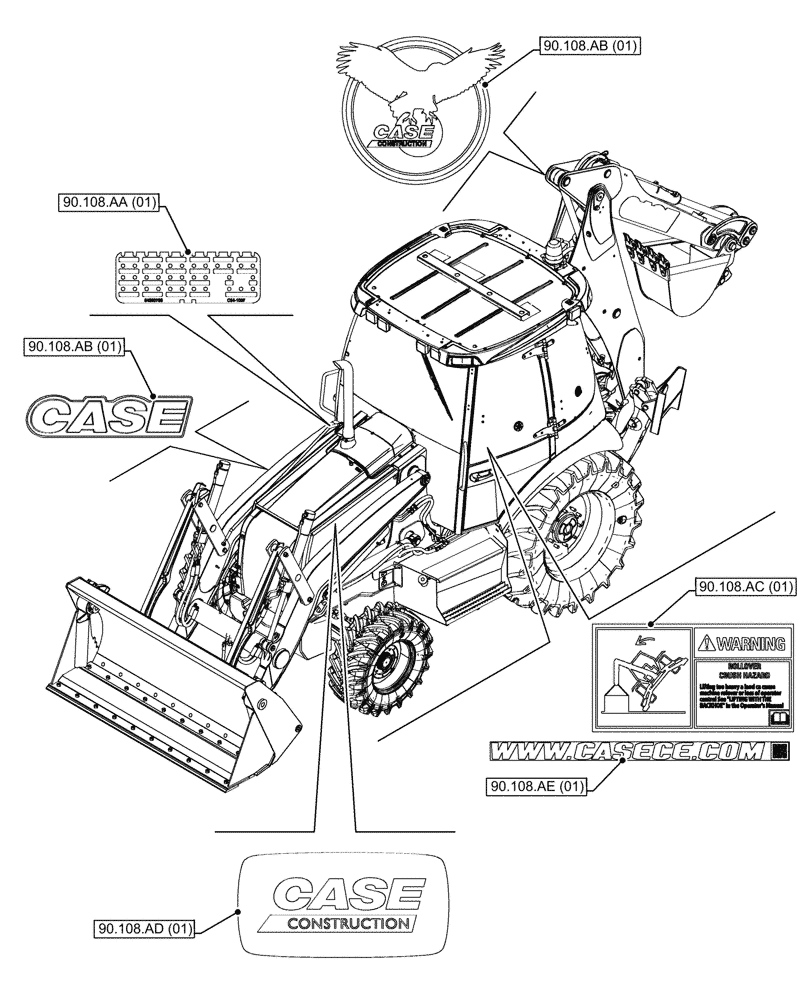 Схема запчастей Case 580SN WT - (90.000.00[01]) - SECTION INDEX - PLATFORM, CAB, BODYWORK & DECALS (90) - PLATFORM, CAB, BODYWORK AND DECALS