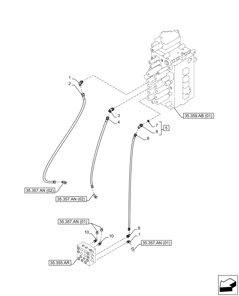Схема запчастей Case CX250D LC LR - (35.355.AC[03]) - STD + VAR - 461558 - JOYSTICK, HYDRAULIC LINE, CONTROL VALVE (35) - HYDRAULIC SYSTEMS