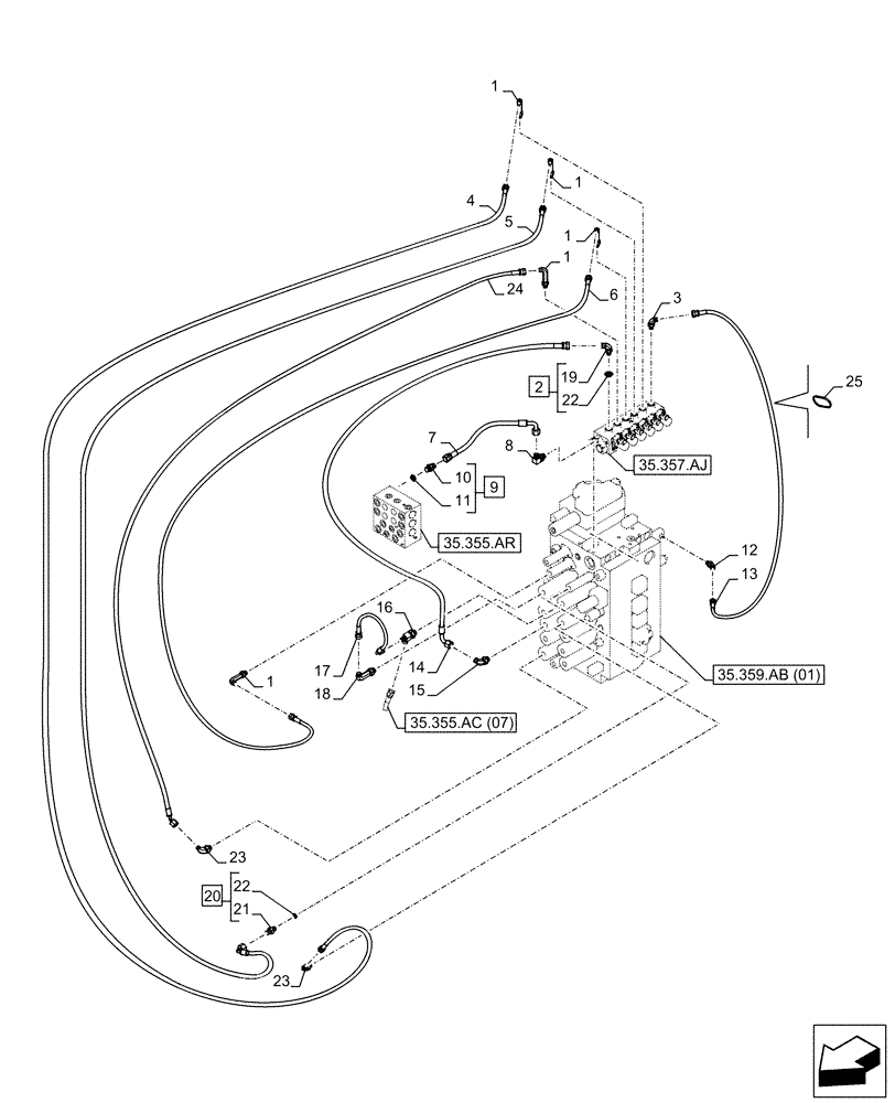 Схема запчастей Case CX250D LC LR - (35.357.AO[02]) - STD + VAR - 461558 - MAIN, SOLENOID VALVE, PRESSURE PIPE (35) - HYDRAULIC SYSTEMS