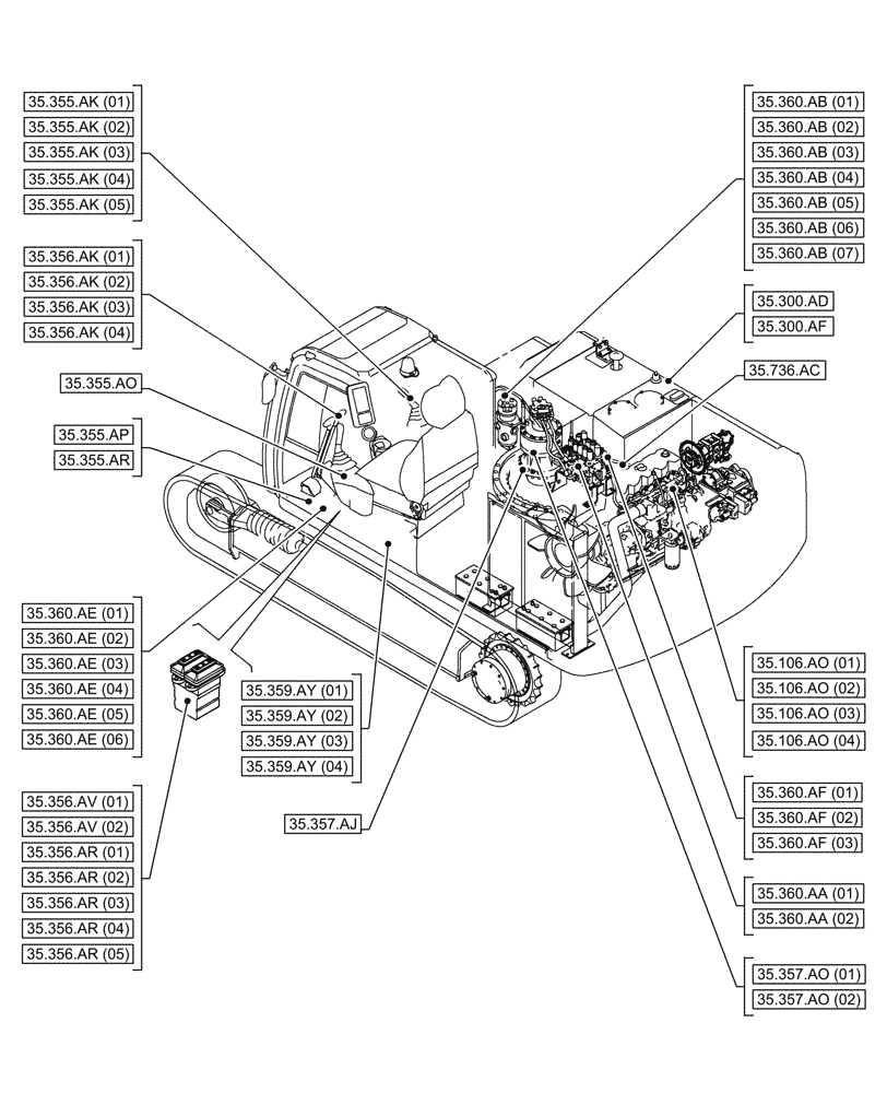 Схема запчастей Case CX250D LC LR - (00.000.35[01]) - PICTORIAL INDEX - HYDRAULIC SYSTEMS (00) - GENERAL & PICTORIAL INDEX