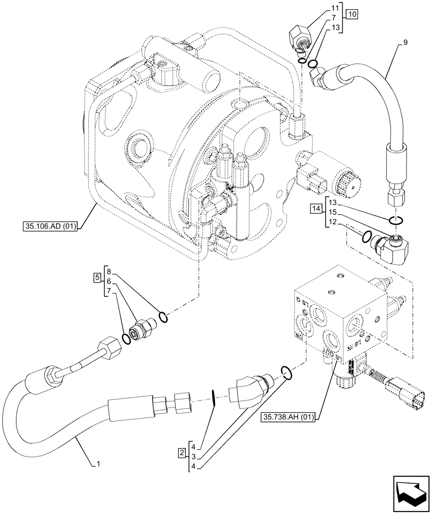 Схема запчастей Case 580SN - (35.738.AE[08]) - VAR - 423080 - OBJECT HANDLING, LINES, PUMP (35) - HYDRAULIC SYSTEMS