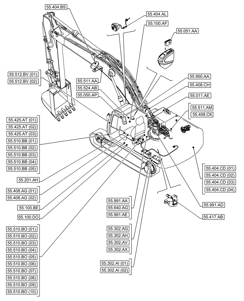 Схема запчастей Case CX250D LC LR - (55.000.00[02]) - SECTION INDEX - ELECTRICAL SYSTEMS (55) - ELECTRICAL SYSTEMS