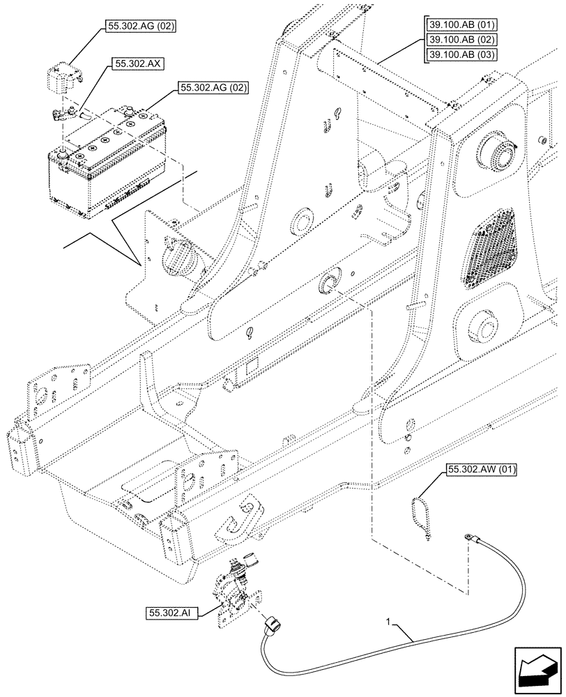 Схема запчастей Case 580SN - (55.302.AV[02]) - DUAL BATTERY, CABLE (55) - ELECTRICAL SYSTEMS