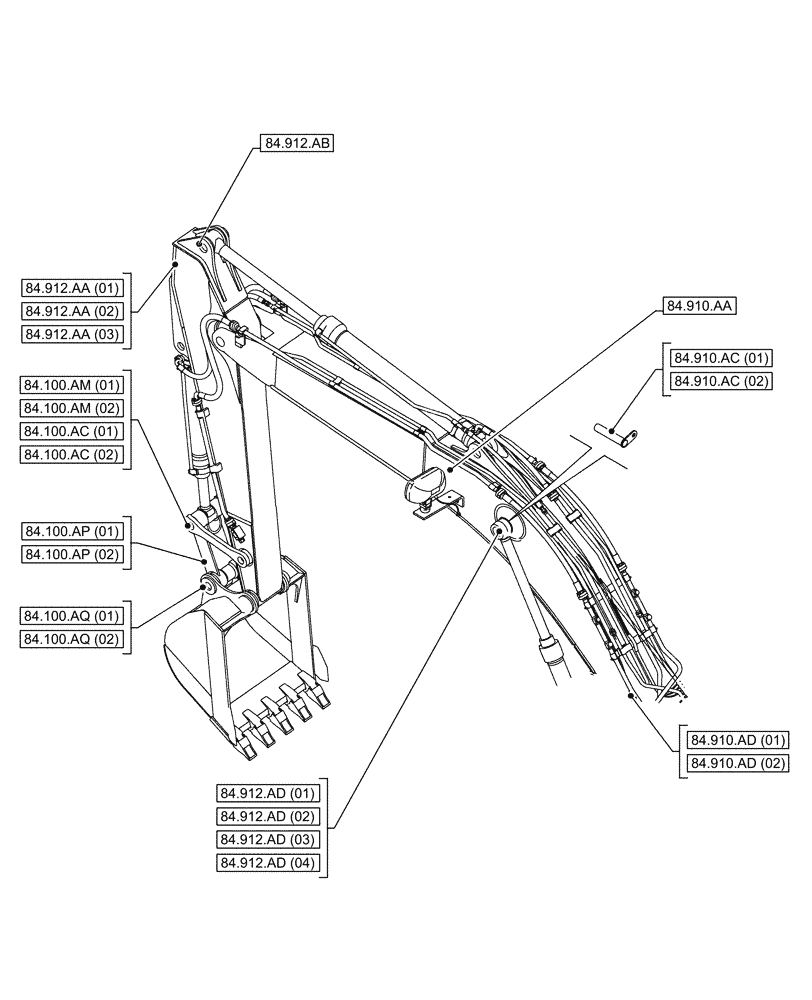 Схема запчастей Case CX250D LC - (00.000.84[01]) - PICTORIAL INDEX - BOOMS, DIPPERS & BUCKET (00) - GENERAL & PICTORIAL INDEX