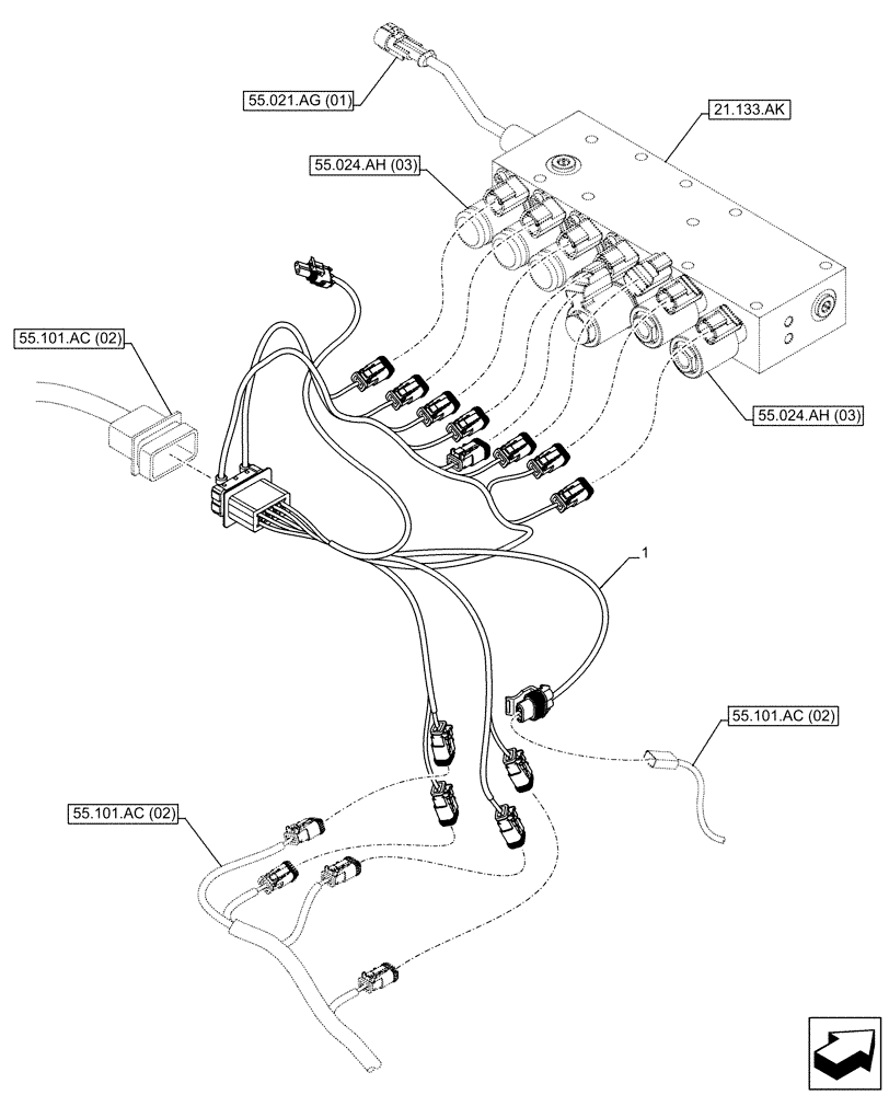 Схема запчастей Case 590SN - (55.024.AG[01]) - VAR - 423060, 423061 - TRANSMISSION, SEMI-POWERSHIFT, CONTROL VALVE, SOLENOID, HARNESS (55) - ELECTRICAL SYSTEMS