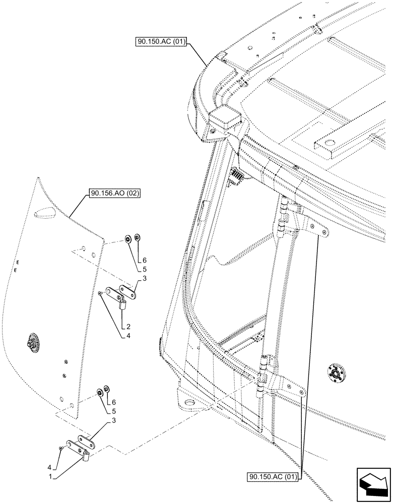 Схема запчастей Case 580SN WT - (90.156.AP[02]) - VAR - 747853 - RIGHT SIDE, WINDOW, HINGE (90) - PLATFORM, CAB, BODYWORK AND DECALS