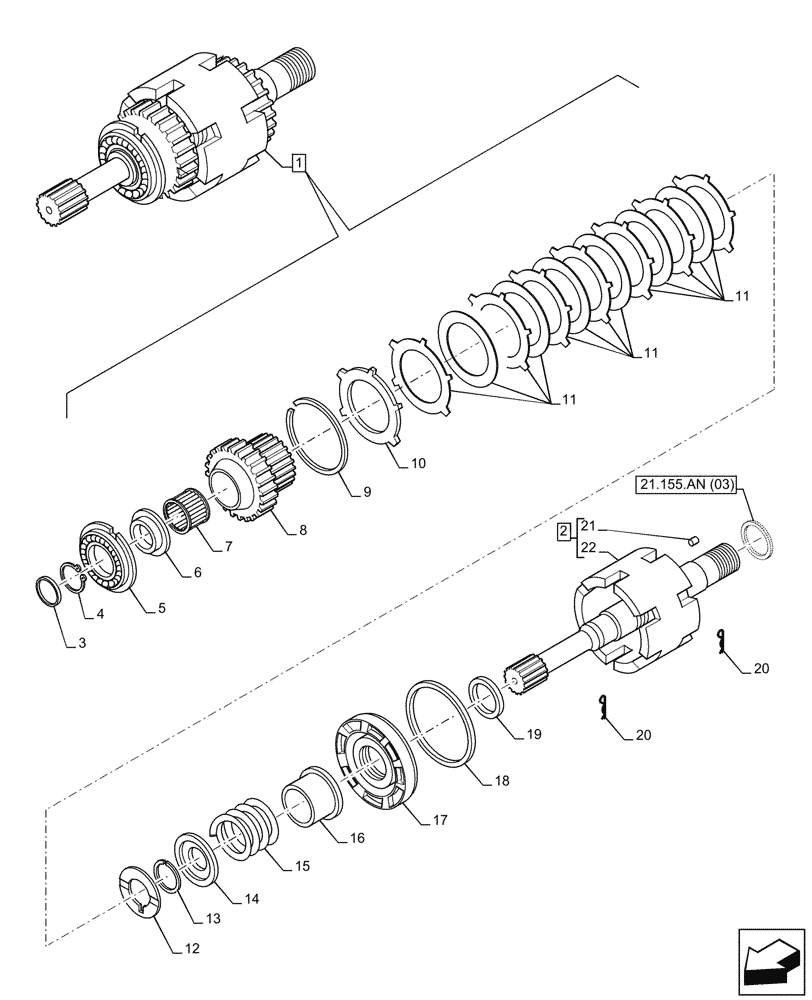 Схема запчастей Case 580SN - (21.155.AN[02]) - VAR - 423062 - TRANSMISSION, POWERSHIFT, INPUT SHAFT, COMPONENTS (21) - TRANSMISSION