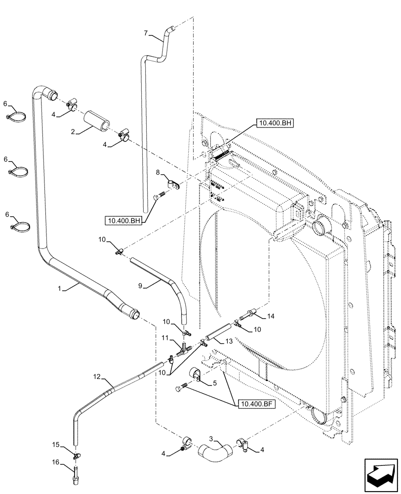 Схема запчастей Case 580SN - (10.400.AK) - VAR - 423000, 423001, 442082, 747853, 747854, 747855 - RADIATOR, EXPANSION TANK, HOSE (10) - ENGINE