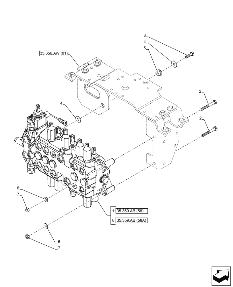 Схема запчастей Case 580SN - (35.359.AB[08]) - BACKHOE CONTROL VALVE, MOUNTING PARTS, EXTENDABLE DIPPER, W/ FOOT SWING CONTROLS (35) - HYDRAULIC SYSTEMS