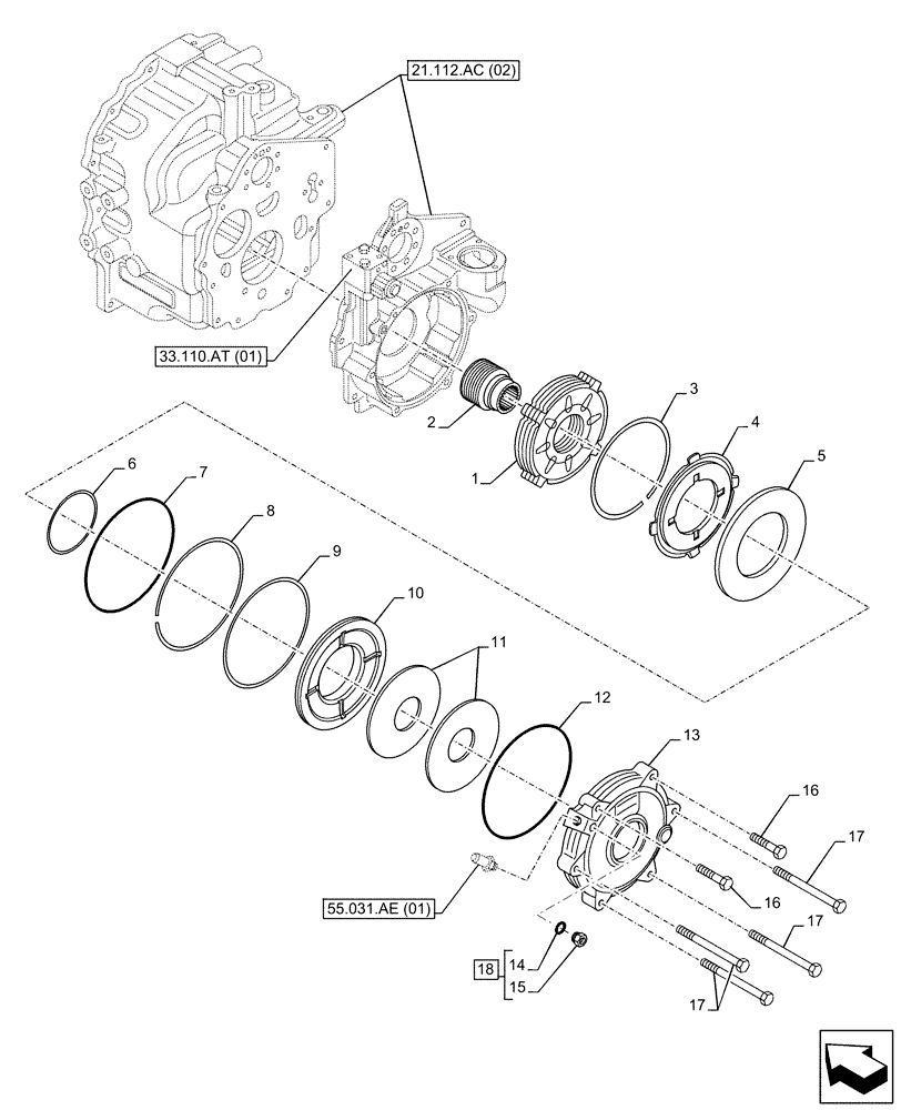 Схема запчастей Case 580SN - (33.110.AV[01]) - VAR - 423058, 423059 - TRANSMISSION, POWERSHUTTLE, PARKING BRAKE, DISC (33) - BRAKES & CONTROLS