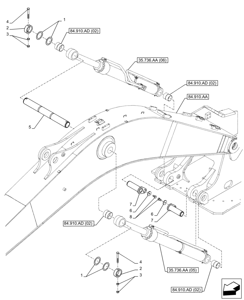Схема запчастей Case CX300D LC - (84.910.AC[02]) - VAR - 481858 - BOOM, CYLINDER, PIN (84) - BOOMS, DIPPERS & BUCKETS