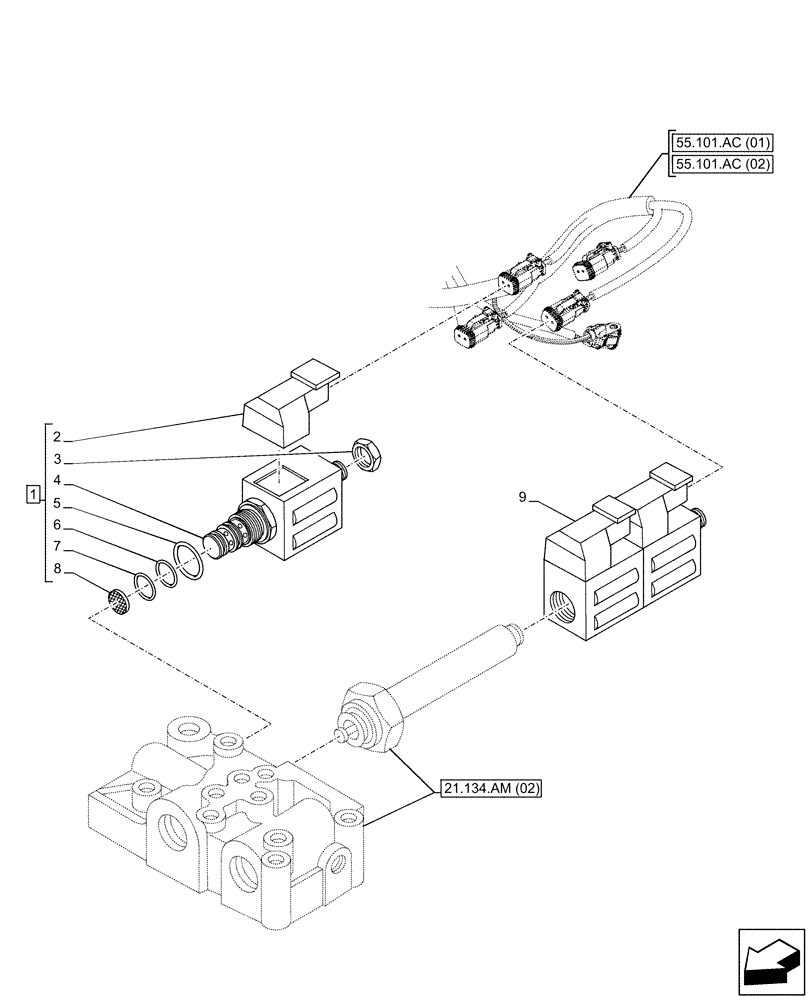 Схема запчастей Case 590SN - (55.024.AH[01]) - VAR - 423058, 423059 - TRANSMISSION, POWERSHUTTLE, PARKING BRAKE, SOLENOID VALVE (55) - ELECTRICAL SYSTEMS
