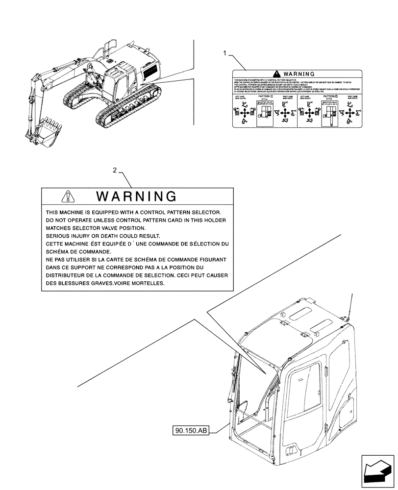 Схема запчастей Case CX130D LC - (90.108.AC[10]) - VAR - 461558 - WARNING DECAL, CONTROL PATTERN SELECTION (90) - PLATFORM, CAB, BODYWORK AND DECALS