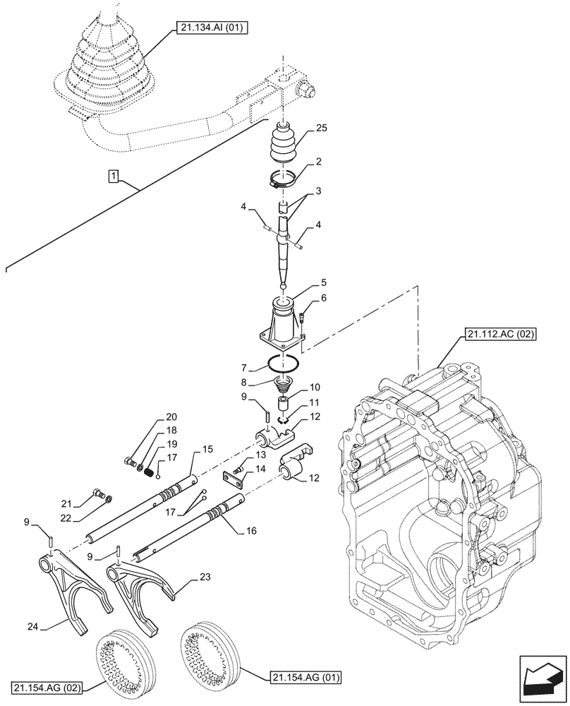 Схема запчастей Case 580SN WT - (21.134.AH) - VAR - 423059 - TRANSMISSION, POWERSHUTTLE, GEARSHIFT, 4WD (21) - TRANSMISSION