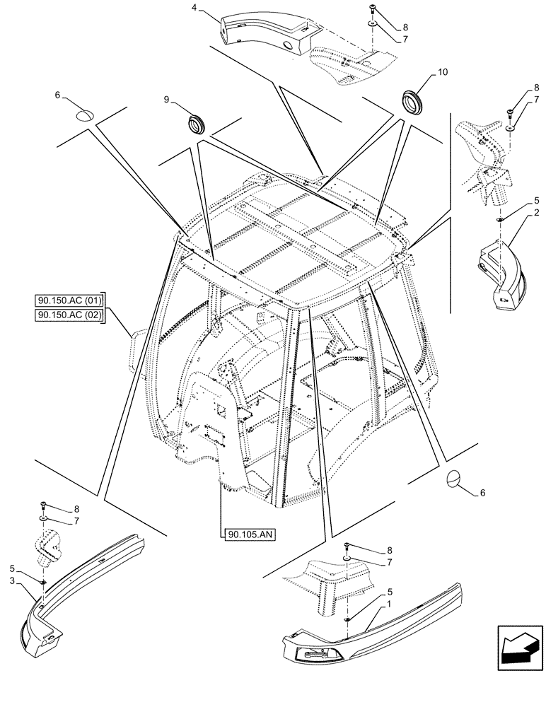 Схема запчастей Case 580SN WT - (90.150.BG) - VAR - 747853, 747854, 747855 - CAB ROOF, LIGHT (90) - PLATFORM, CAB, BODYWORK AND DECALS