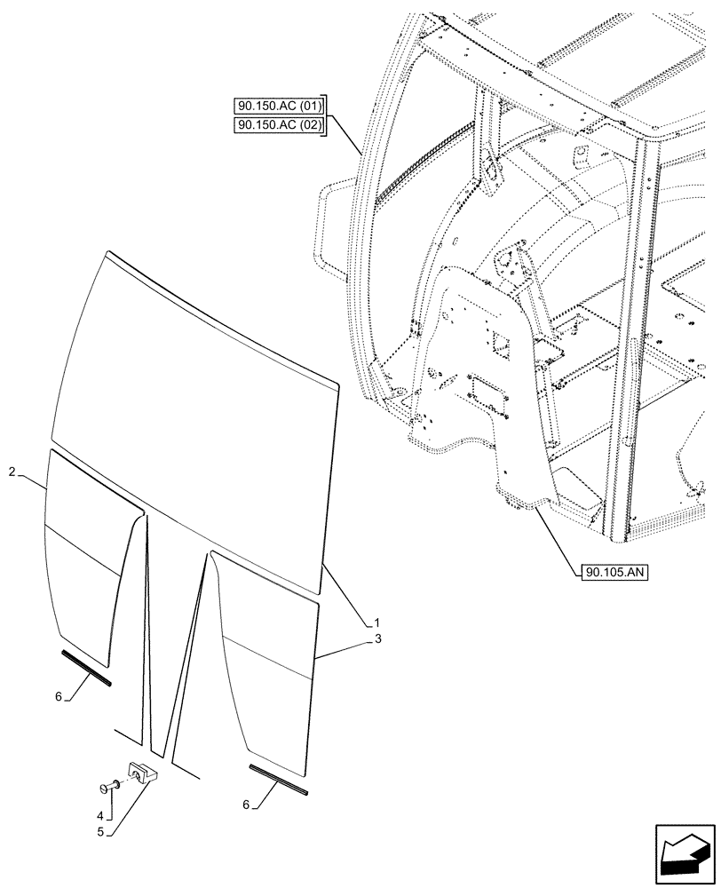 Схема запчастей Case 580SN WT - (90.156.AL) - VAR - 747853 - CAB GLASS, FRONT (90) - PLATFORM, CAB, BODYWORK AND DECALS