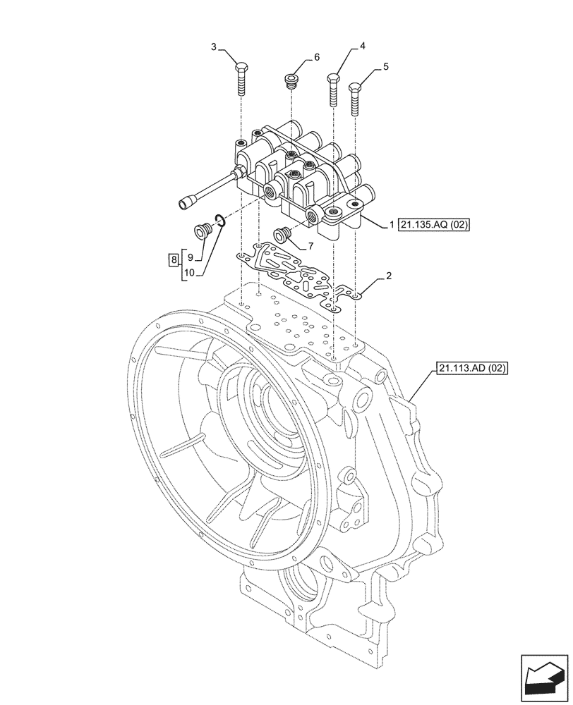 Схема запчастей Case 590SN - (21.135.AQ[01]) - VAR - 423062 - TRANSMISSION, POWERSHIFT, CONTROL VALVE, 4WD (21) - TRANSMISSION