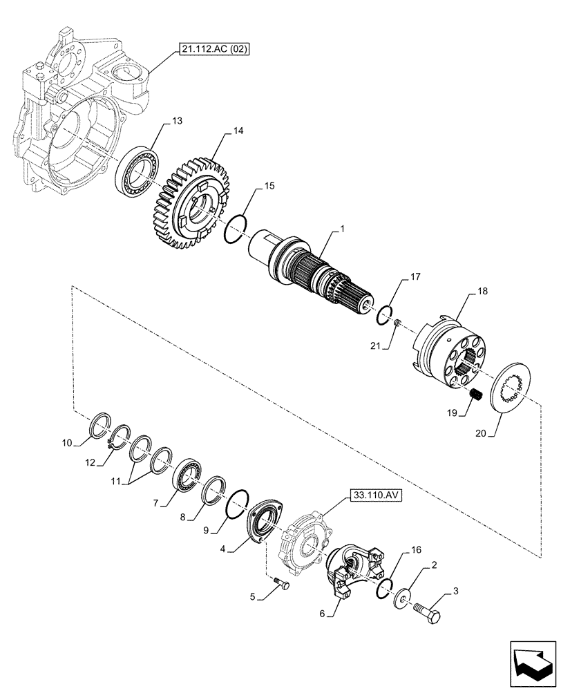 Схема запчастей Case 580SN WT - (21.154.AJ[06]) - VAR - 423059 - TRANSMISSION, POWERSHUTTLE, OUTPUT SHAFT, 4WD (21) - TRANSMISSION