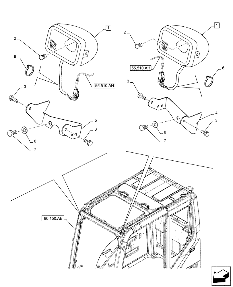 Схема запчастей Case CX130D LC - (55.514.AB[01]) - VAR - 488040 - WORKING LIGHT, CAB (55) - ELECTRICAL SYSTEMS