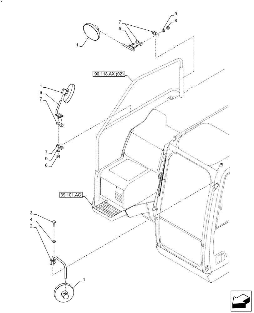 Схема запчастей Case CX130D LC - (90.118.BM) - REAR VIEW MIRROR, OUTSIDE (90) - PLATFORM, CAB, BODYWORK AND DECALS