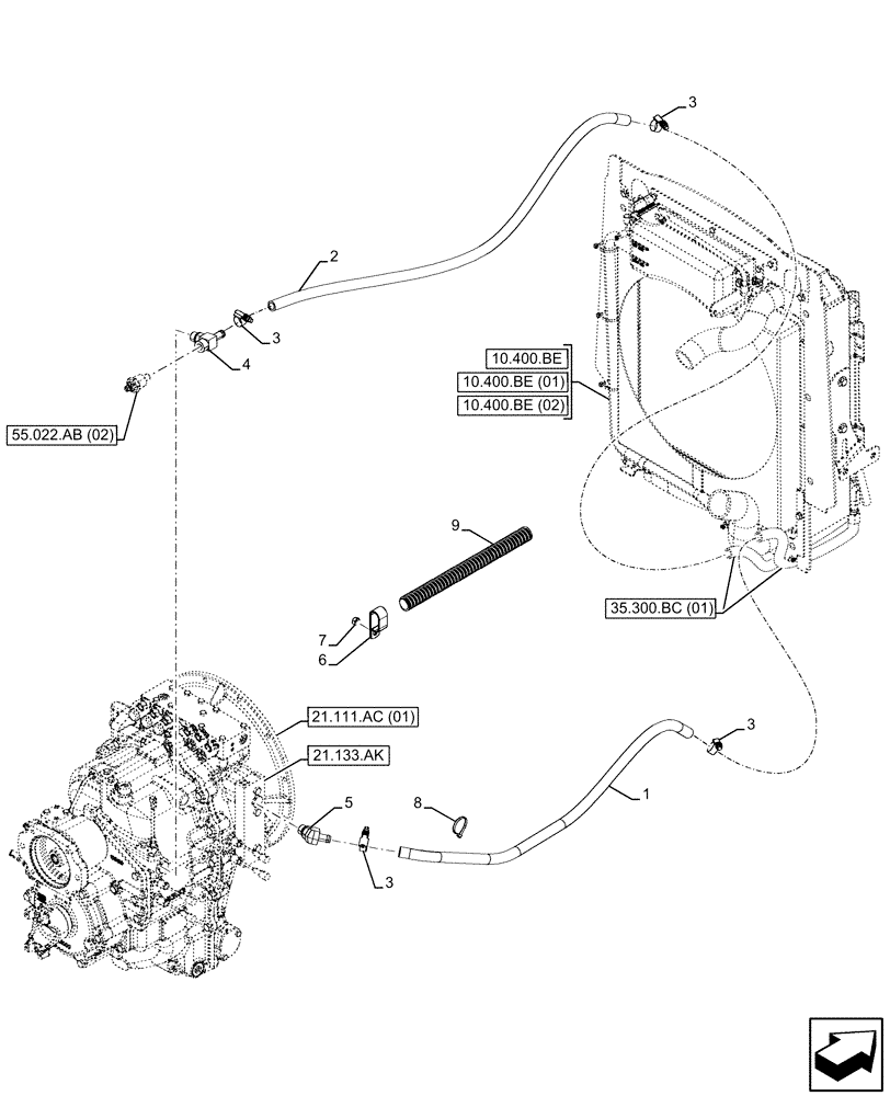 Схема запчастей Case 580SN WT - (21.103.AN) - VAR - 423060, 423061 - TRANSMISSION, SEMI-POWERSHIFT, OIL COOLER LINE (21) - TRANSMISSION