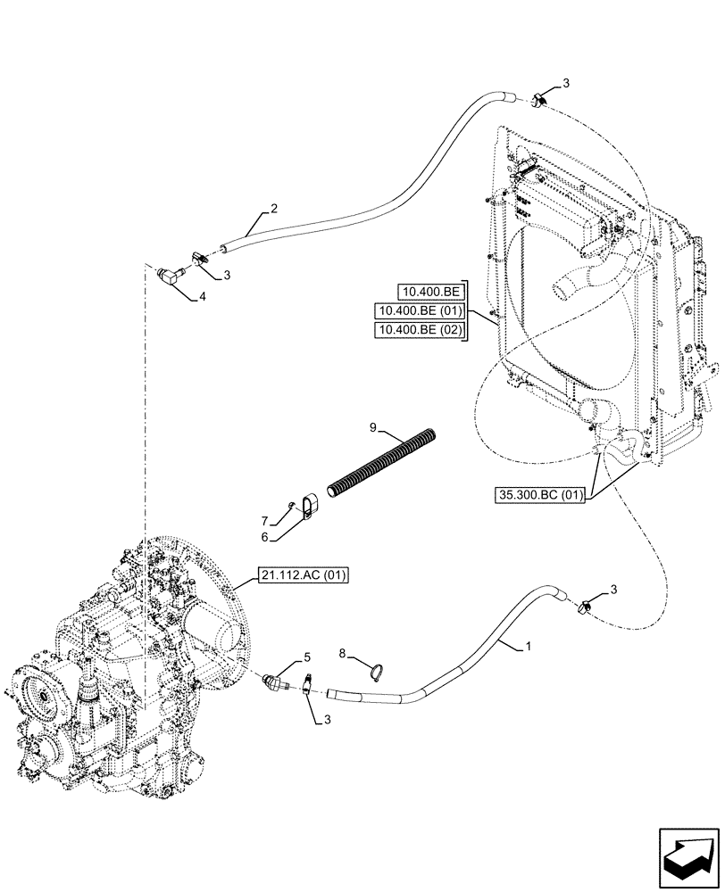 Схема запчастей Case 580SN WT - (21.104.AL) - VAR - 423059 - TRANSMISSION, POWERSHUTTLE, OIL COOLER LINE (21) - TRANSMISSION
